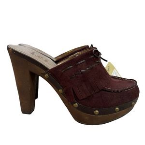 NWT LEI Anetteco Vintage Y2K Brown Faux Suede Kiltie Fringe Mules Womens 7